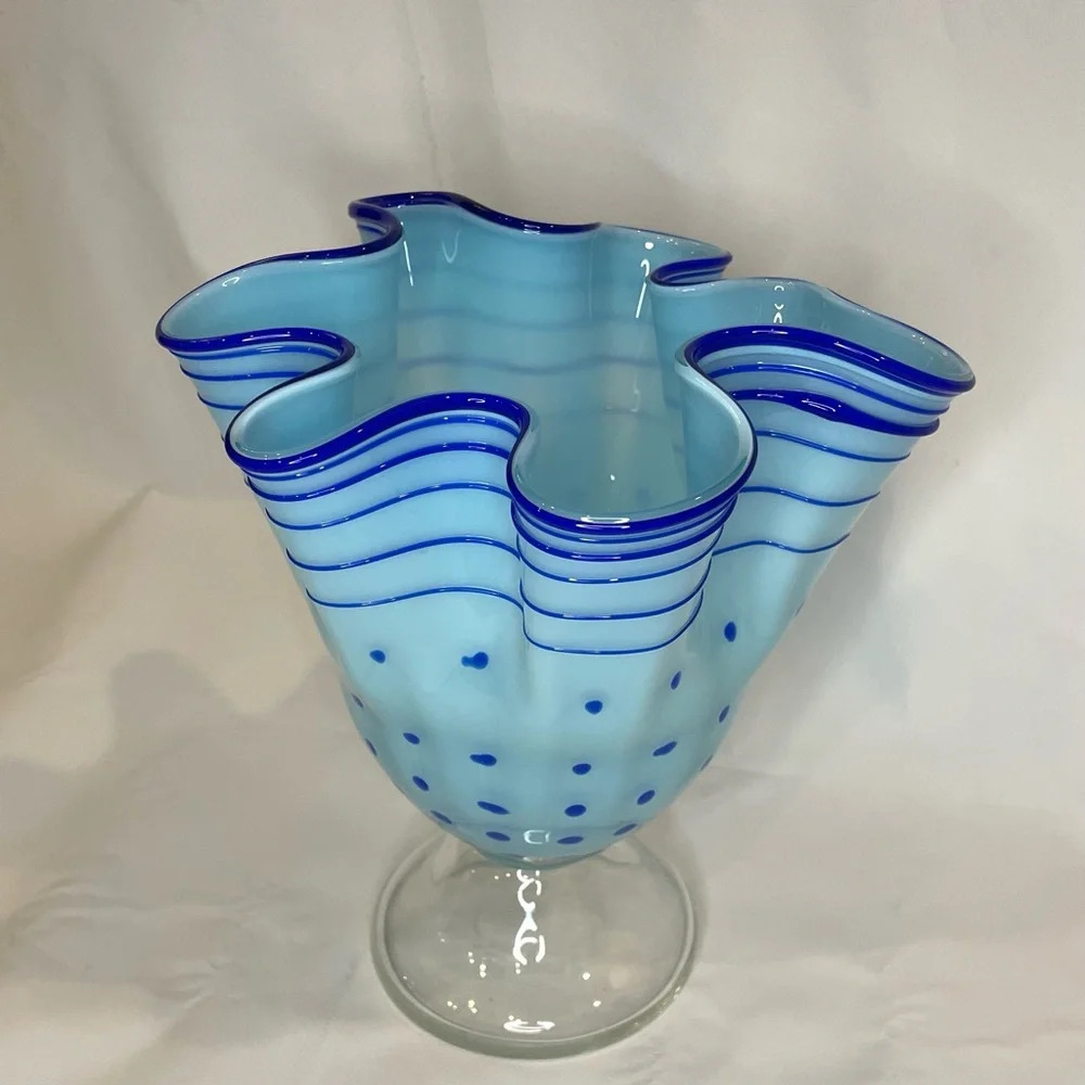 Blue Polka Dot & Stripped Blown Glass Fluted Ruffle Vase Handmade Unique